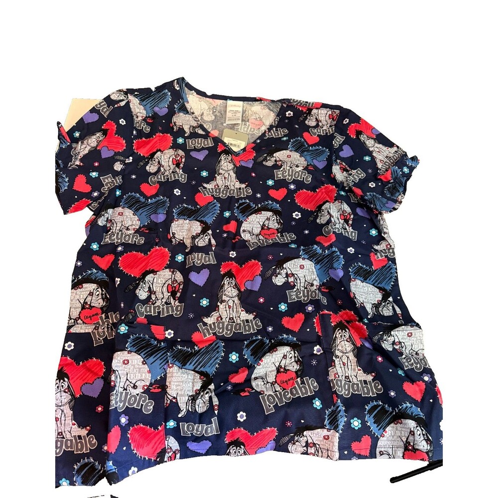 Disney Eeyore Heart Patterned Women L 100% Cotton Scrub Top Uniform